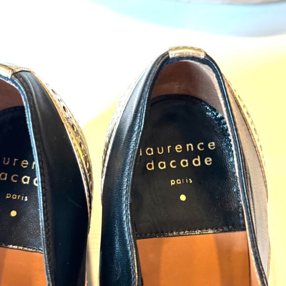Laurence Dacade Black Leather Heeled Oxfords Gold Trim Women EU 38 US Sz 8 Italy - Picture 9 of 12